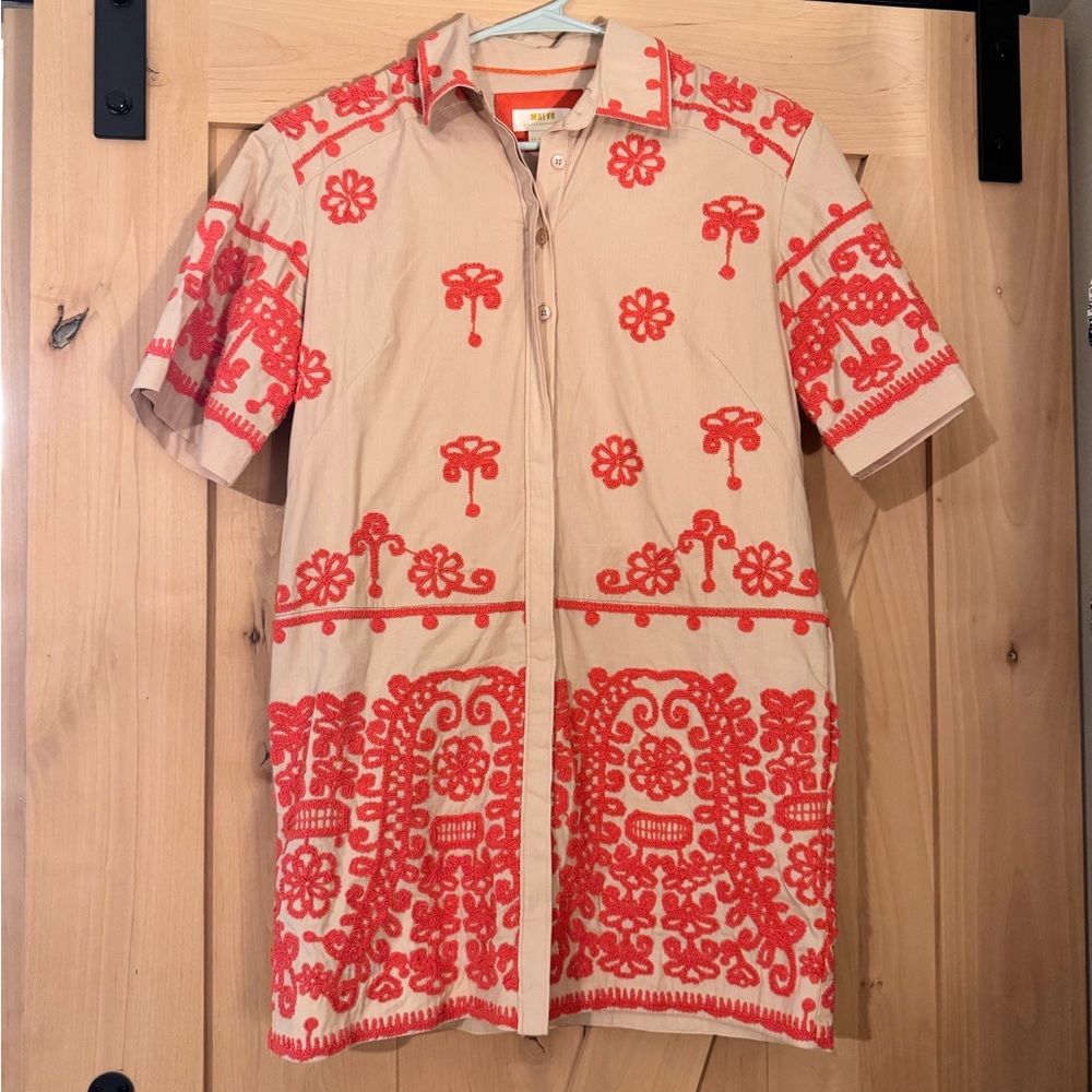 Maeve Tan and Red Buttoned Short Sleeve Dress